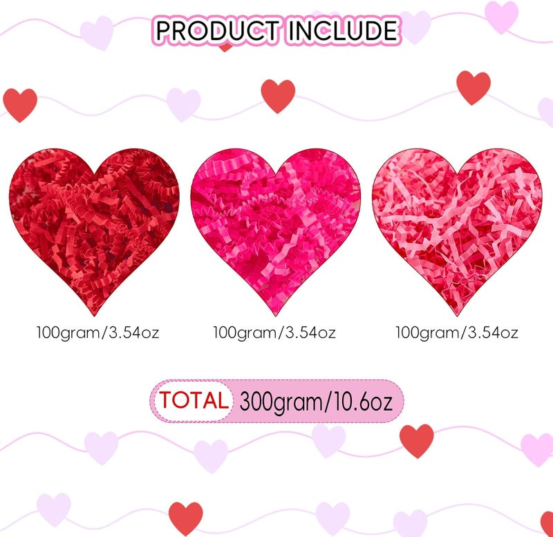CIPOWM 10.6oz Valentine's Day Crinkle Cut Paper Shred, 3 Colors Red Pink Raffia Paper Shred Filler Grass for Gift Wrapping Craft DIY Gift Bag Box Filling Party Supply - Image 2